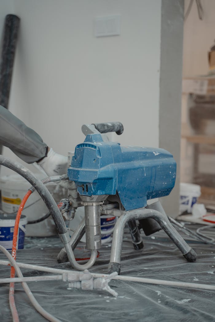 gallery-04 Close-up view of a blue industrial paint sprayer amidst renovation materials in an indoor setting.