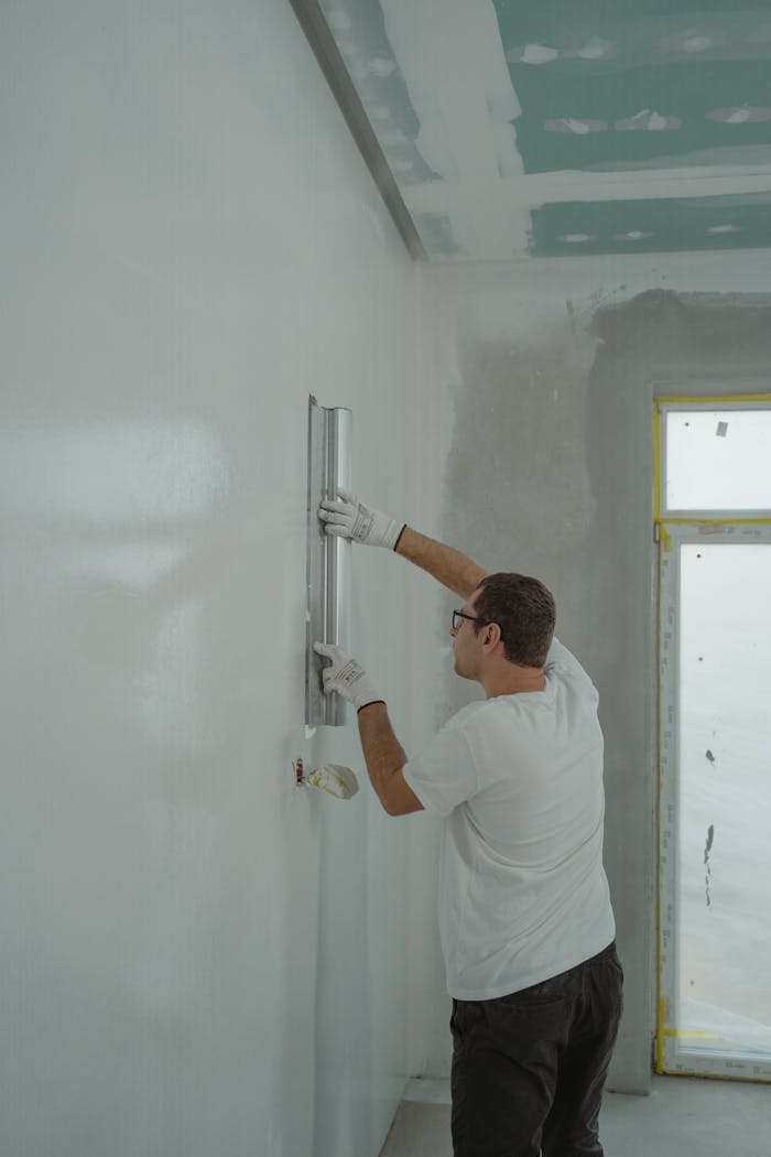 gallery-01 Adult male painting interior walls white in a house renovation project.